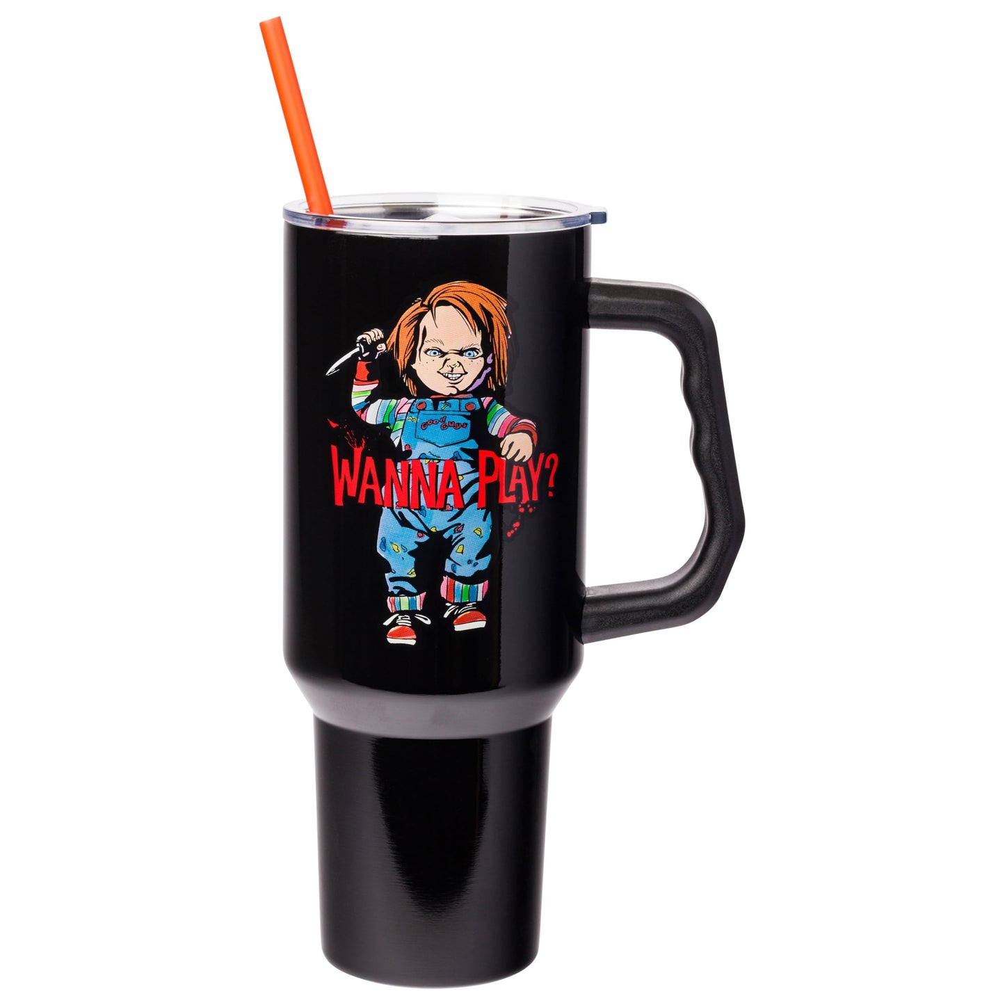 Silver Buffalo Chucky Holding Knife Wanna Play Spooky Scary Double Walled Stainless Steel Tumbler with Handle and Straw, Fits in Standard Cup Holder, 40 Ounces