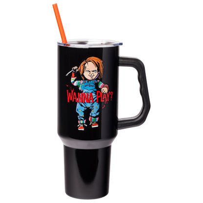 Silver Buffalo Chucky Holding Knife Wanna Play Spooky Scary Double Walled Stainless Steel Tumbler with Handle and Straw, Fits in Standard Cup Holder, 40 Ounces