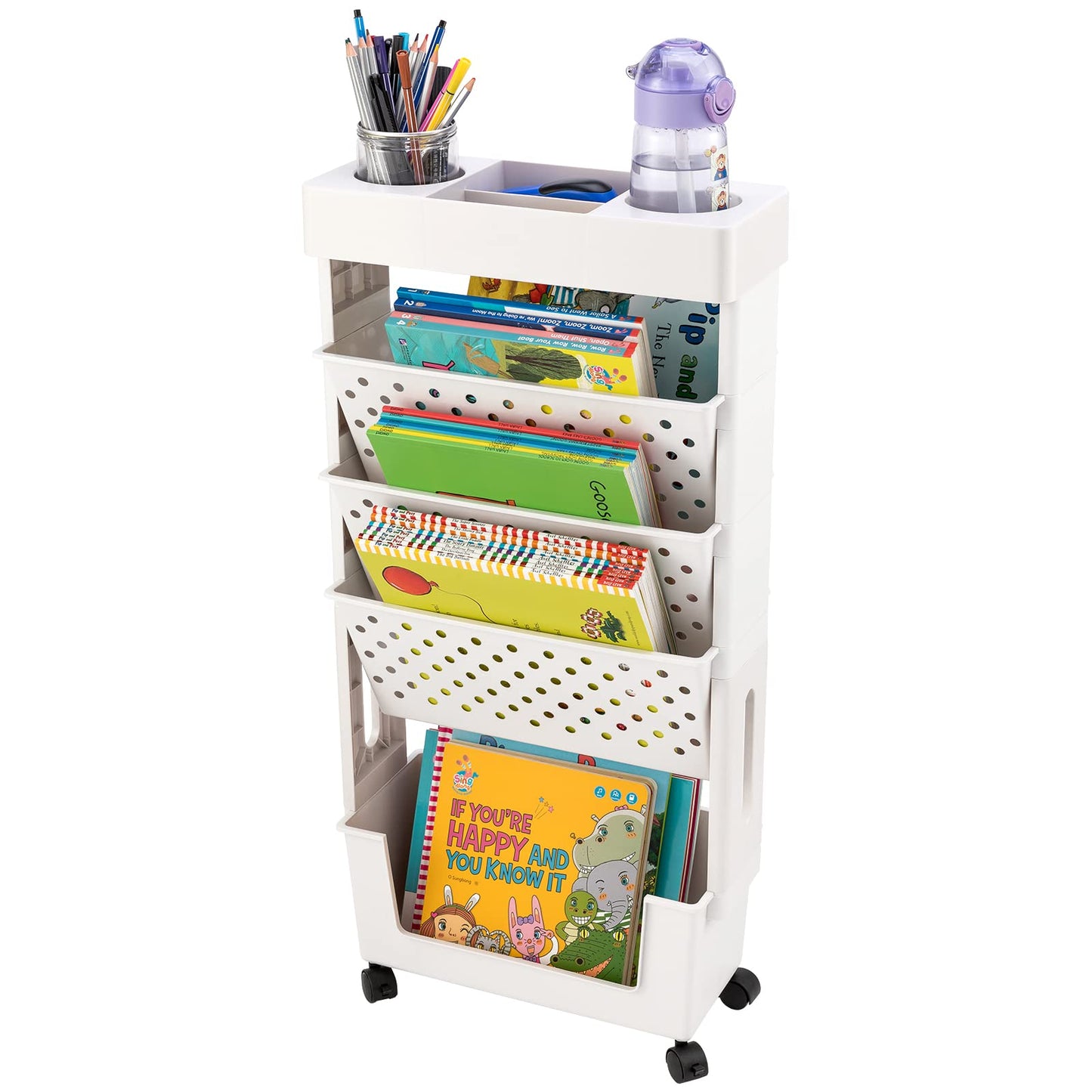 CINPIUK White Rolling Office Paper Organizer, Mobile Book Cart Document Folder File Storage with Pen Holder, Slim Rolling Storage Cart Movable Bookshelf for Office, Dorm, Classroom, Nursery