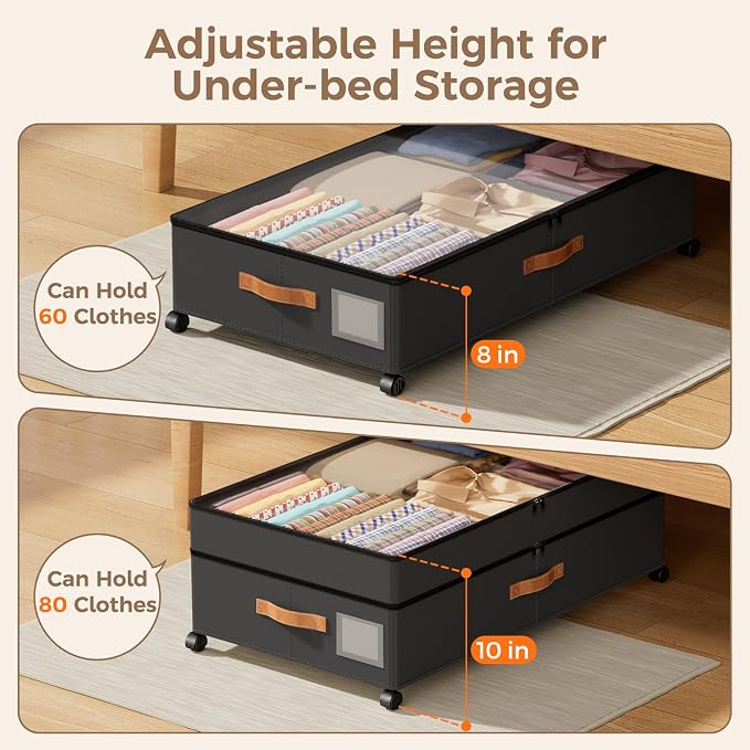Under Bed Storage with Wheels, Large Capacity UnderBed Containers with Clear Lids, Shoe Organizer Under Bed Drawers, Rolling Under the Bed Storage for Clothes, Shoes, Blankets