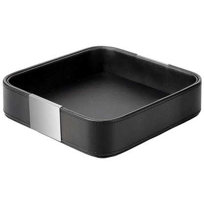 SANZIE Luxury Leather Desktop Storage Small Catchall Organizer Decorative Tray for Entryway Table to Hold Jewelry Watch Cosmetics Keys Phone Wallet, Home & Office Accessories (Metal Silvered, Black)