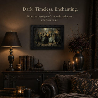 Framed Halloween Witch Wall Art, Moonlit Forest Witch Gathering Painting, Dark Academia Witchy Canvas Print, Black Ornate Framed Artwork with Black Cats. Ready to hang, 9x11in