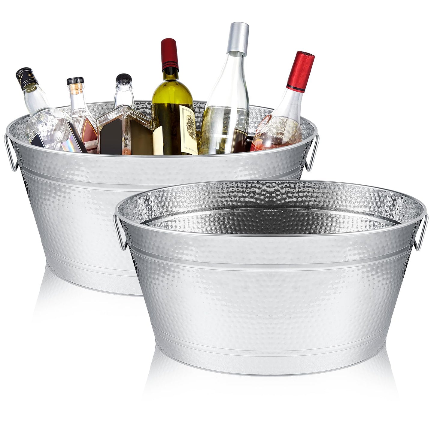 Uiifan 2 Pcs 24 Quart 6 Gallon Hammered Stainless Steel Beverage Tub Heavy Duty Oval Metal Large Ice Bucket for Drinks Bucket Cooler Ice Container for Bar Wedding Parties Anniversary Wine (Silver)