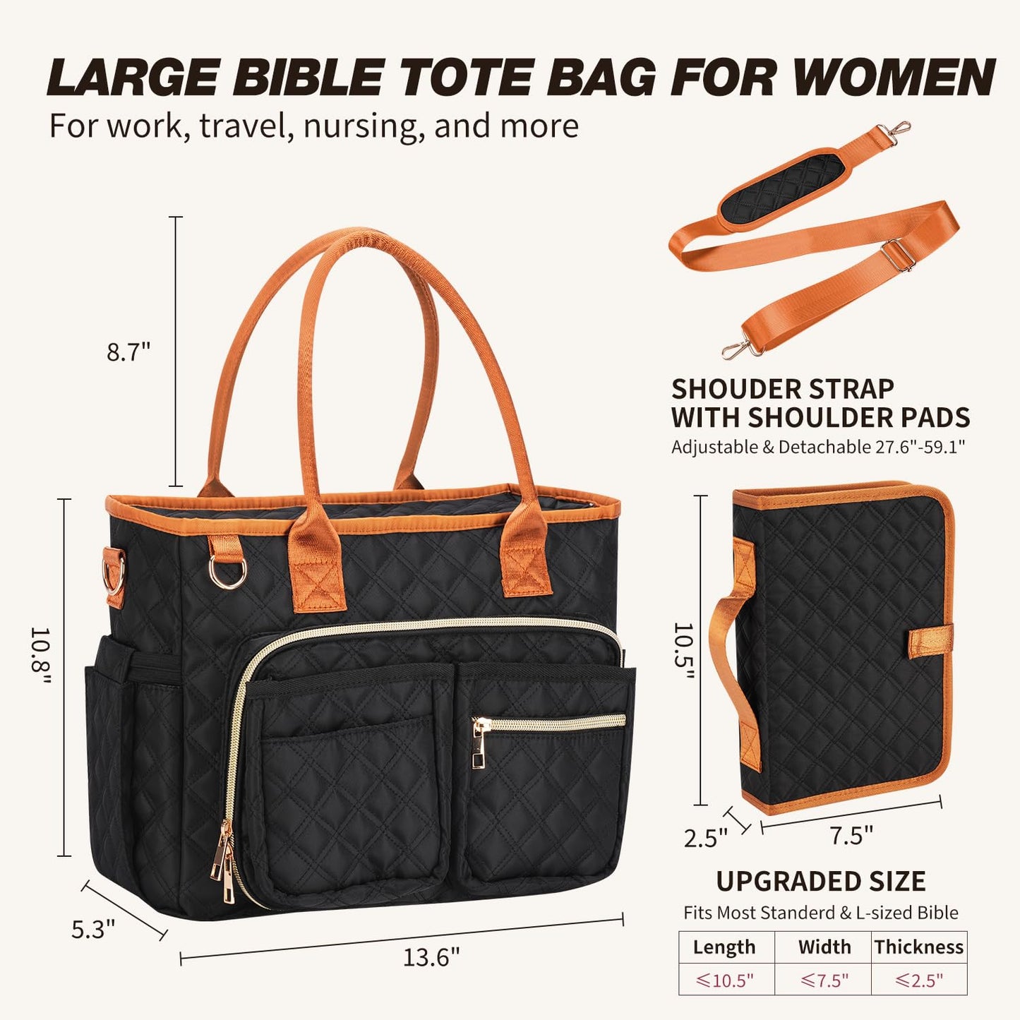 KOPKOFT Large Bible Cover Case for Women, Quilted Church Tote Bag with Shoulder Strap, Bible Study Supplies Journaling Kit Bible Accessories, Christmas Christian Gift for Women (Black)