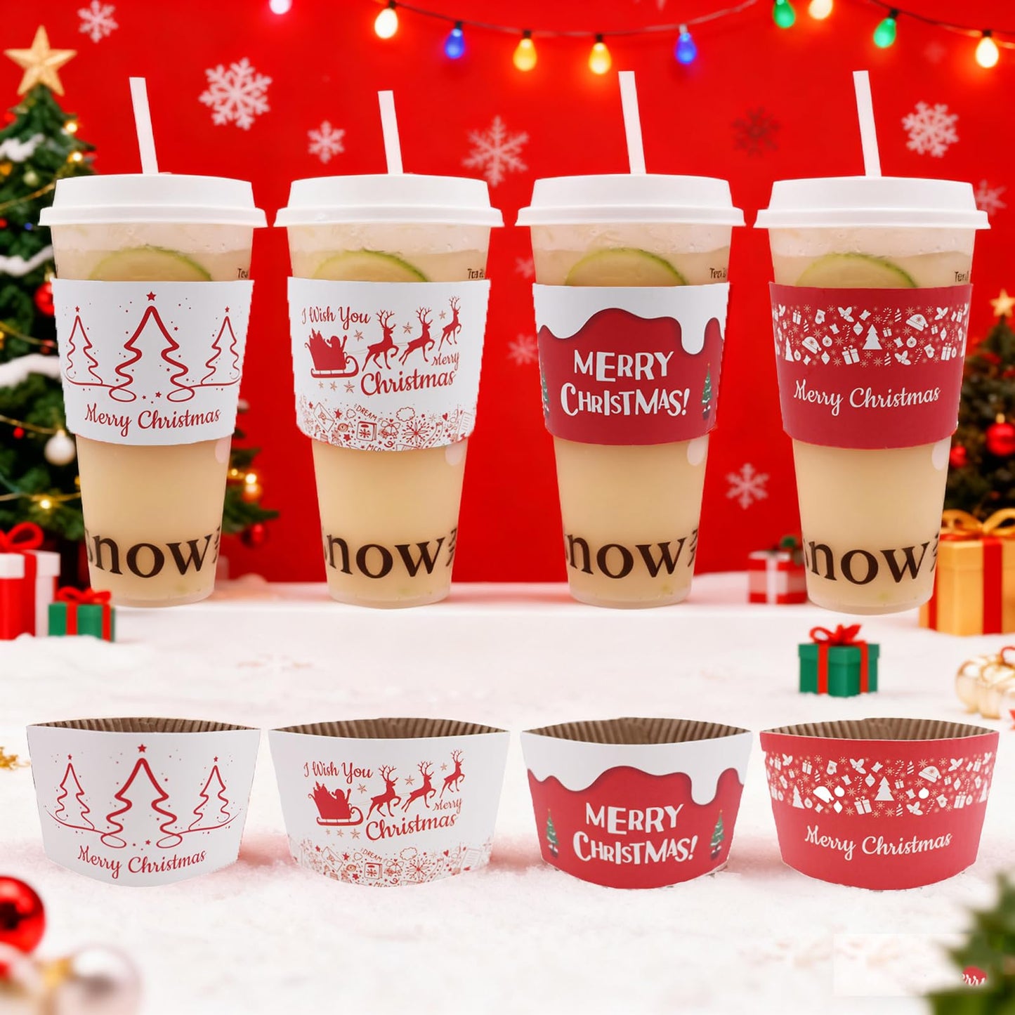 EchoDone Christmas Disposable Coffee Cup Sleeves Paper Corrugated Cup Jackets 200 Count Christmas Tree, Elk Pattern Fit for 90mm Diameter Cups 10oz 12oz 16oz (Without Cups)