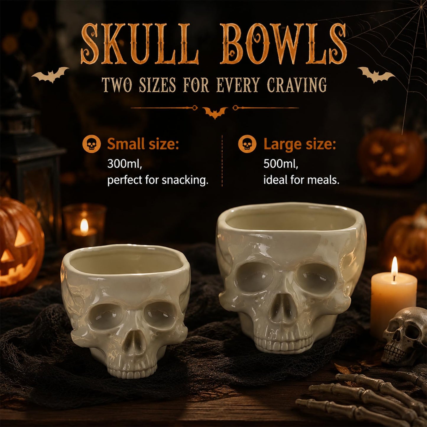 TALLGIRA Food Safe Ceramic Skull Bowl, Halloween Candy Bowl for Cereal Pasta Ice Cream, Microwave Dishwasher Skeleton Head Desk Decor (300, ml/min)