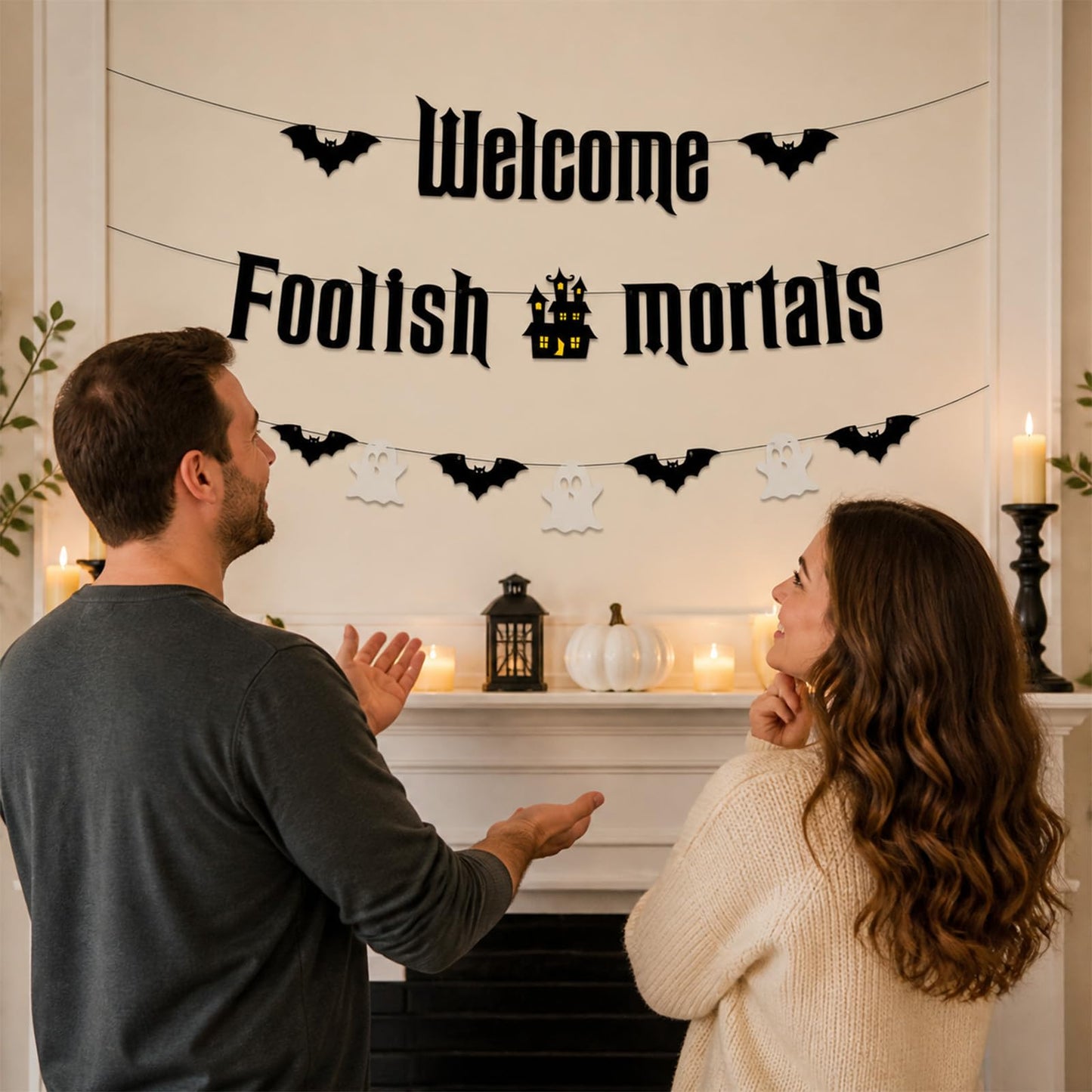 Welcome Foolish Halloween Mortals Banner Party Decorations Glitter Halloween Haunted House Gothic Mansion Decor Bat Spider Ghost Theme Sign for Indoor Laundry Room Farm Bar Home Wall Mantle Decor