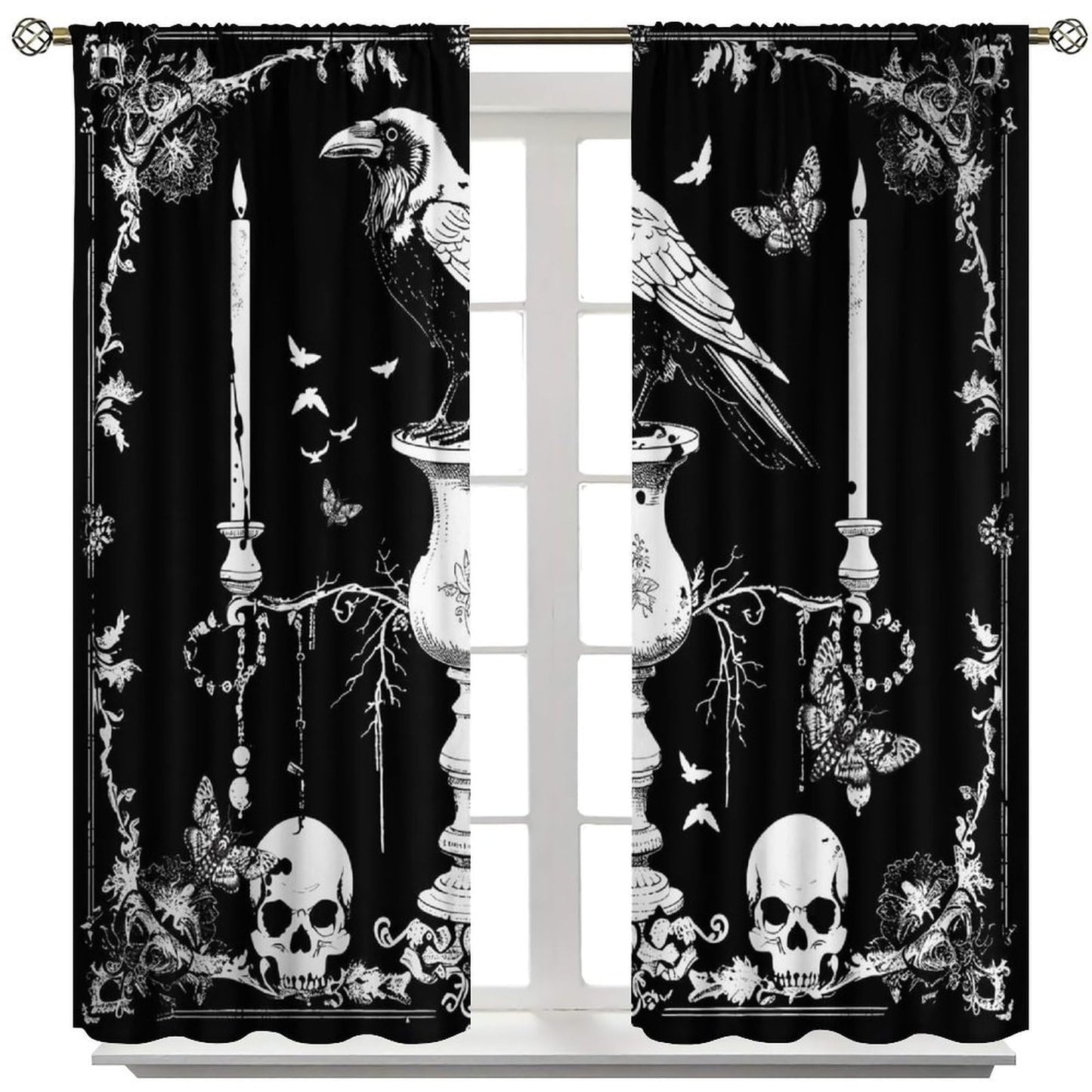 AAVEUP Gothic Crow Curtains for Boys,Mysterious Simple Eerie Skull Moth Raven Candle Flower Window Drapes Print for Halloween Kids Boys Girls Bedroom Living Room Bathroom 42x45in