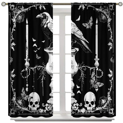 AAVEUP Gothic Crow Curtains for Boys,Mysterious Simple Eerie Skull Moth Raven Candle Flower Window Drapes Print for Halloween Kids Boys Girls Bedroom Living Room Bathroom 42x45in