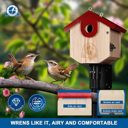 SISTERBIRD Wren Bird Houses for Outside Cedar Hanging Birdhouses for Outdoors 1-1/8" Entrance Hole Bird Houses for Outside Clearance Wooden Nesting Box Chickadee Predator Guard, Red