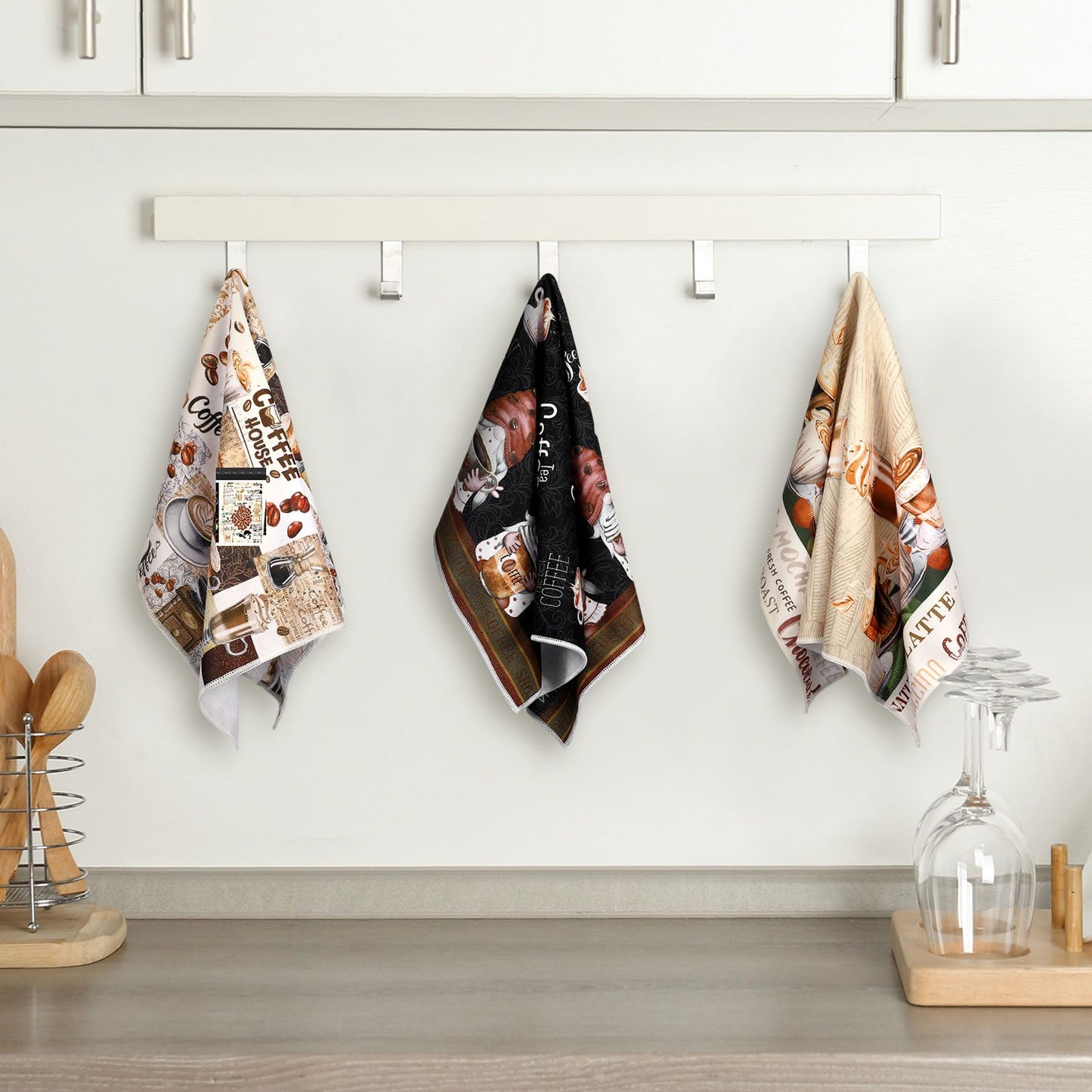 Ferraycle 6 Pcs Coffee Kitchen Towels, Absorbent Dish Towels 24 x 16 Inches, Dish Cloths, Kitchen Decorative Hand Cloths, Gifts for Cooking Baking Bathroom Bar Farmhouse(Black and Brown,Coffee Gnomes)