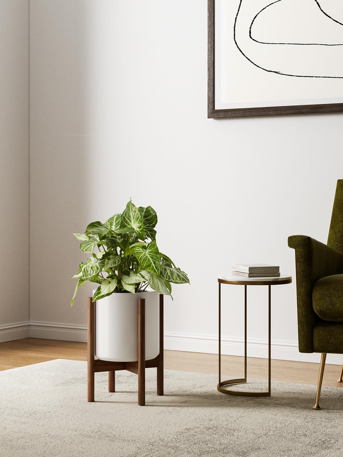 LE TAUCI 10 Inch Planter with Acacia Wood Stand, Ceramic Planter for Indoor Plants with Plant Holder, Mid-Century Modern Home Decor, Round Flower Pots with Drainage Hole, White