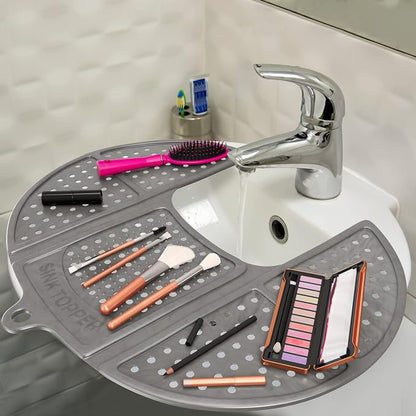 Sink Topper Bathroom Counter Cover & Storage Saver, Foldable Silicone Mat for Hot Tools, Hair Styling & Makeup, Beauty Brush Cleaning Mat, RV Camper Sink Cover & for Small Spaces (Standard Silver)