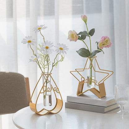 Glass Flower Vase with Metal Frame,Modern Creative Geometric Clear Vase for Flower Centerpieces Decorative,Desktop Hydroponics Vase Plant Terrarium for Home Office Decoration (Gold Star-Love)