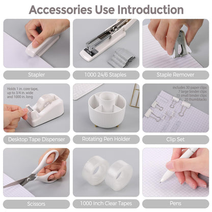 SKYDUE White Office Supplies Set, Office Desk Accessories 10PCS, Pencil Holder for Desk, Stapler, Tape Dispenser, Scissors, Ruler, Binder/Paper Clips and 1000pcs Staples,Desk Supplies Set