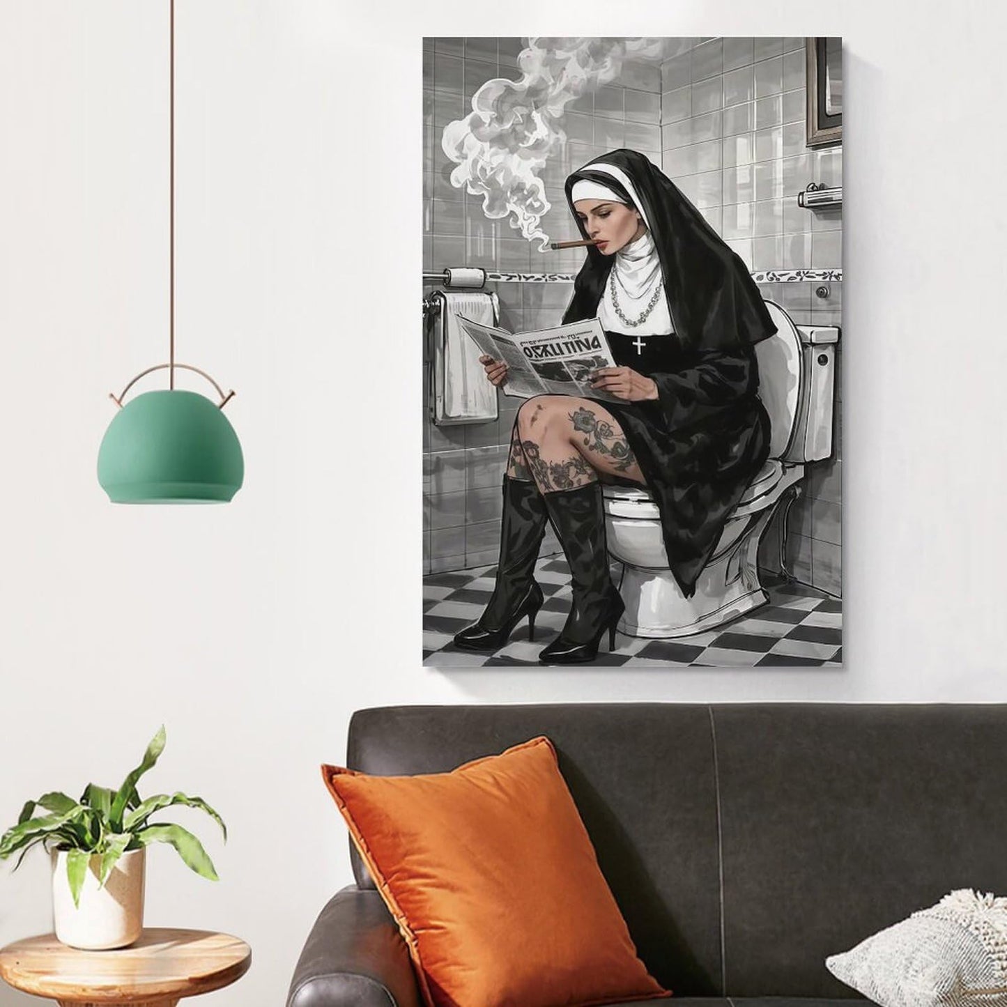 JHXNJDPOST Nun Smoking in Bathroom with Newspaper Poster Black And White Canvas Wall Art Aesthetic Decorative Painting Living Room Restaurants, Pool Halls And Hotelsstyle-6 12x18inch(30x45cm)