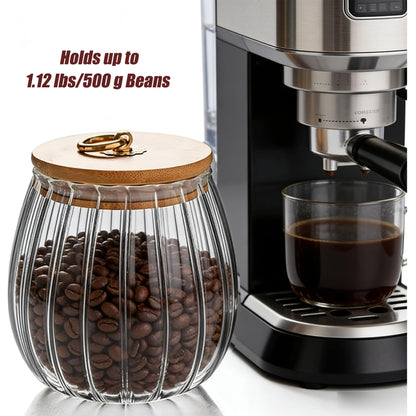 FANTESTICRYAN Glass Coffee Nuts Canister Airtight Storage Jar Petal Decorative Container with Bamboo Lid Metal Handle Easy to Grasp 1600ml, 54 FL OZ (Large Oval)
