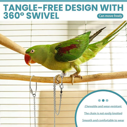 LELE LIFE 2 Pack 39in Bird Leash with 5 Sizes Ankle Rings, Stainless Steel Anti-Bite Parrot Bird Harness Flying Toy Training Chain Leg Rope Outdoor Parrot Alloy Foot Ring