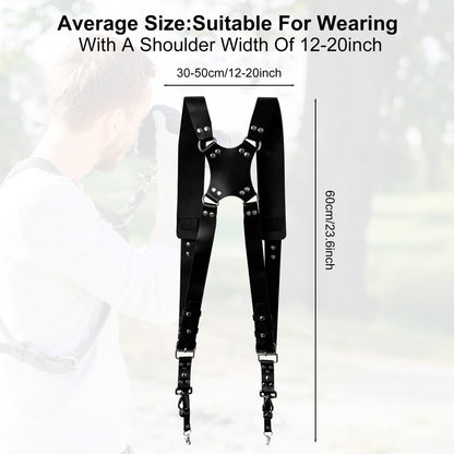 Yunzuiyue Double Camera Strap, Shoulder Camera Strap Harness Leather Dual Camera Strap for Two DSLR/SLR Cameras, Adjustable (Black