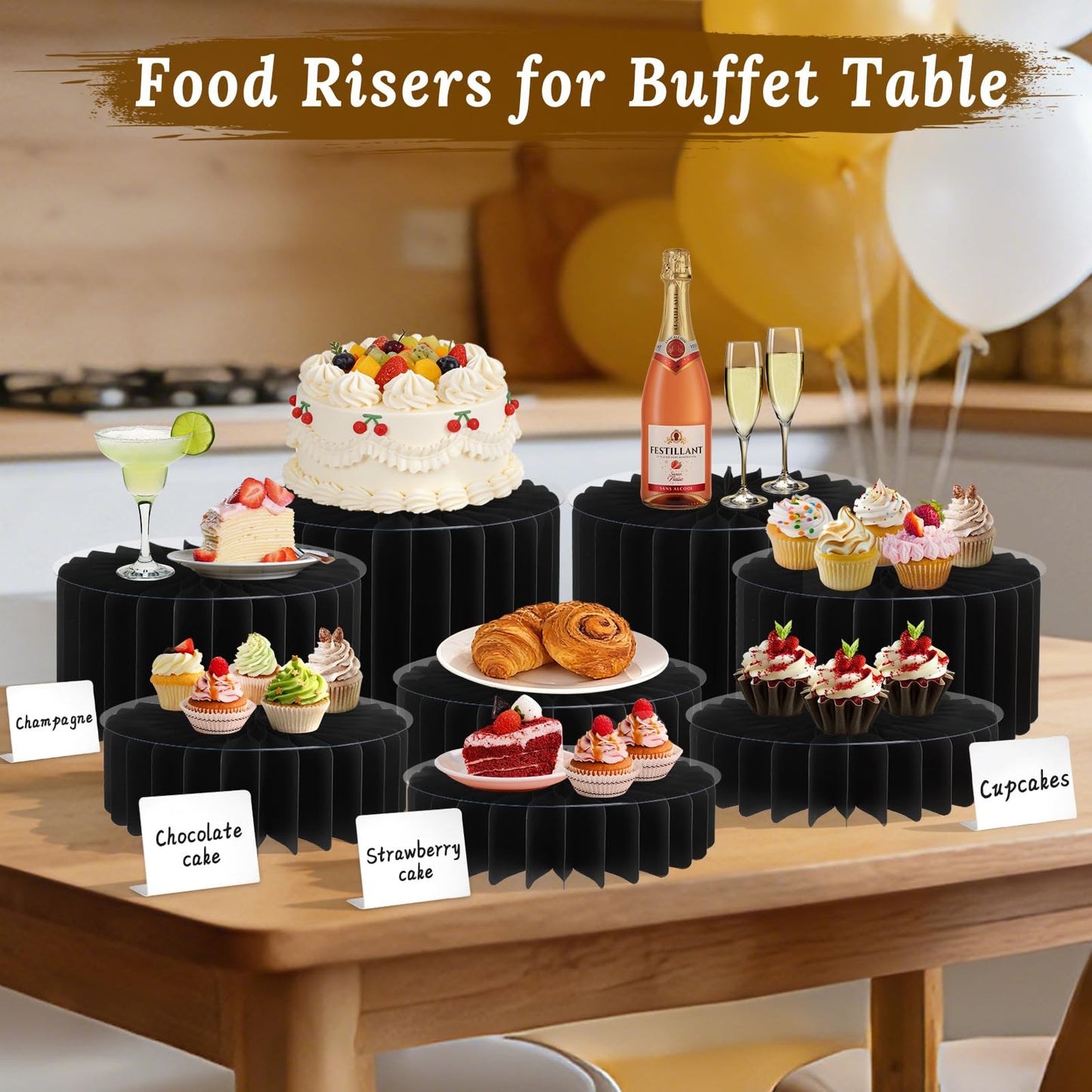 8 Pack Buffet Risers Display Stands, Foldable Food Risers for Buffet Table, Tall Cake Cupcake Stands, Cardboard Cylinder Stand, Dessert Table Display Set for Catering, Jewelry, Wedding, Party Decor (Black)