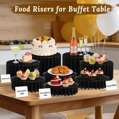 8 Pack Buffet Risers Display Stands, Foldable Food Risers for Buffet Table, Tall Cake Cupcake Stands, Cardboard Cylinder Stand, Dessert Table Display Set for Catering, Jewelry, Wedding, Party Decor (Black)