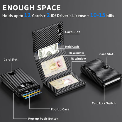 KISUEDZP Men’s Wallet with RFID Blocking | Tri-Fold Front Pocket Design | 12 Card Slots, 2 ID Windows & Cash Slot | Aluminum Card Ejector | Durable & Lightweight Men’s Accessories (Carbon)