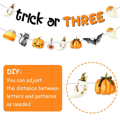 Halloween 3rd Birthday Decoraions Trick or THREE Banner Garland Halloween 3rd Birthday Cake Topper Cupcake Toppers Balloons for Girls Boys Third Bday Party Supplies
