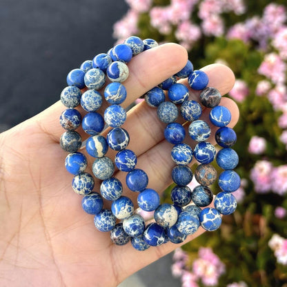 Adabele Real Natural Blue Impression Aqua Terra Sea Sediment Jasper Gemstone Beaded Bracelet 7 inch Stretch Chakra Healing Crystal Stone Jewelry Women Mom Gift GB8-B3