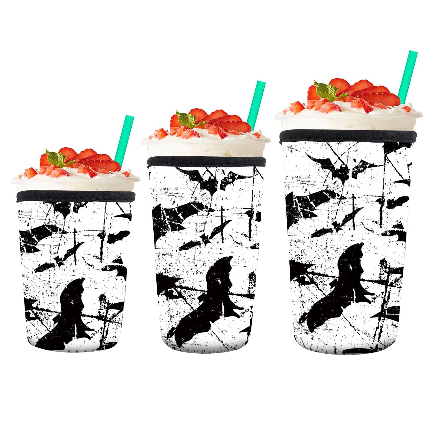 AMZXCFGL 3 Pack Reusable Neoprene Insulator Sleeve for Iced Coffee Cups, Cute Funny Coffee Cup Sleeve, Universal Fit 16-32oz Cups for Hot Cold Beverages Cute Black Bats
