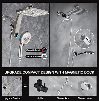 BOZYBO Rain Shower Head with Handheld: High Pressure Shower Heads with Handheld Spray Combo, 12" Rainfall Shower Head and 9 Sprays Hand Showerheads with Magnetic Docking and Power Jets, Nickel 1.75GPM