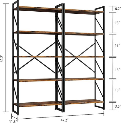 Shintenchi 2 Pieces 5 Tiers Bookshelf, Classically Tall Bookcase Shelf, Industrial Book Rack, Modern Book Holder in Bedroom/Living Room/Home/Office, Storage Rack Shelves for Books/Movies-Rustic Brown