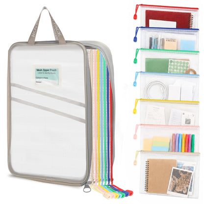 ROYPACK 7 Pack PVC Mesh Zipper Pouch Set with 1 Organizer Bag A4/Letter Size Translucent File Bags Water-Resistant Plastic Document Pouches for Office College School & Travel Supplies (8pcs)