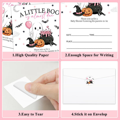 Smenudlli Pink A Little Boo Baby Shower Invitation, Halloween Invites Cards with Envelopes and Sticker (20 Pack), Cute Ghost Baby Shower Decorations Supplies /21