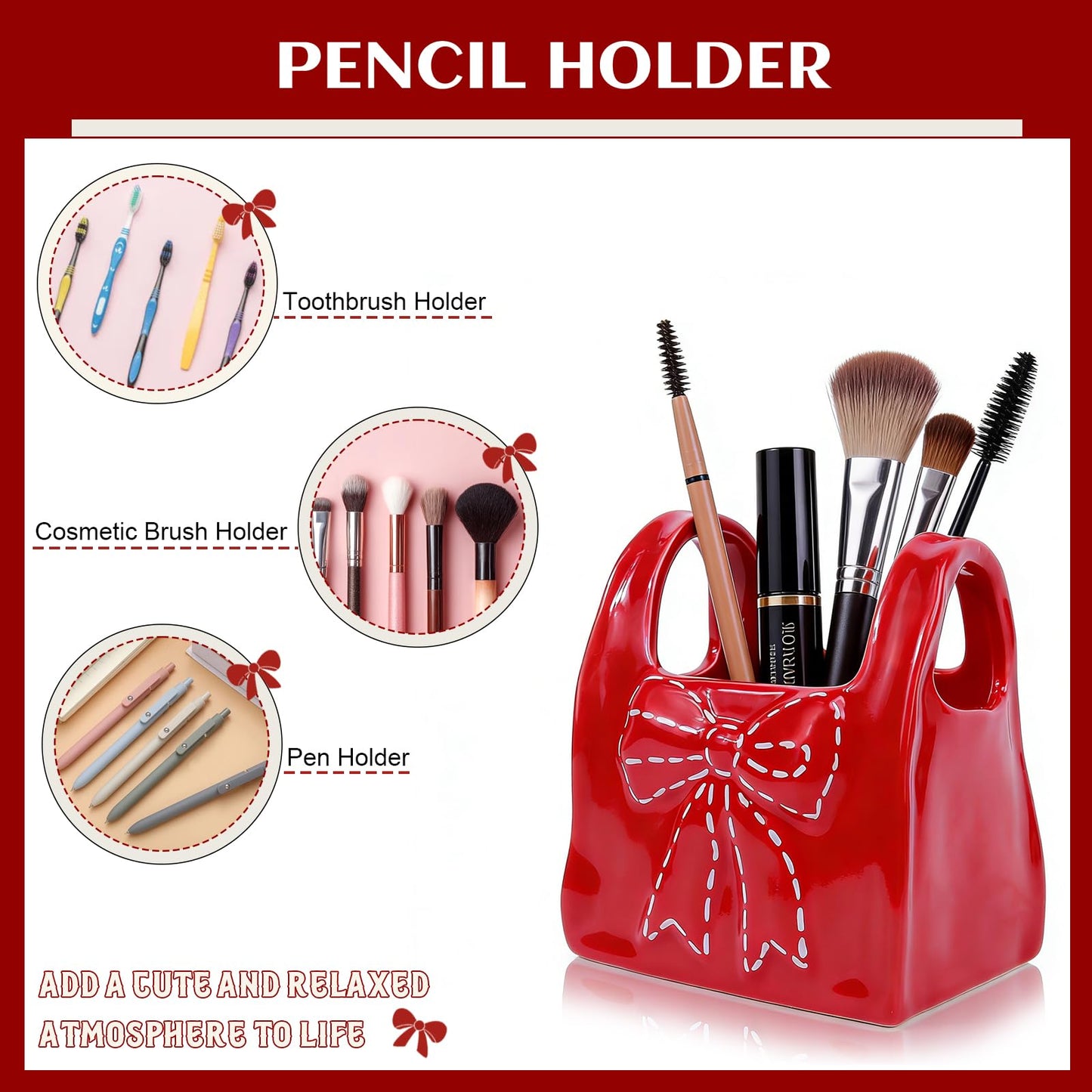 elephtree Bow Ceramic Pen Holder for Desk, Cute Pen Holder for Desk & Makeup Brush Holder, Multi‑Use Toothbrush Holders, Girly Desk Accessories for Office, Bathroom, Vanity Gift for Women Girls