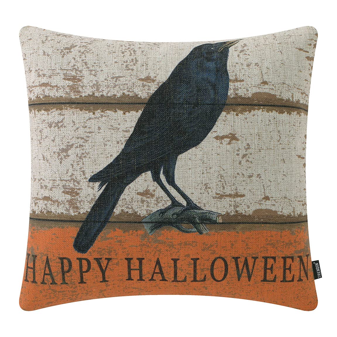 TRENDIN Vintage Halloween Pillow Cover, 18x18 inch Farmhouse Orange and Black Crow Square Throw Pillowcase Home Chair Office Linen Cushion Cover for Sofa Couch PL726TR