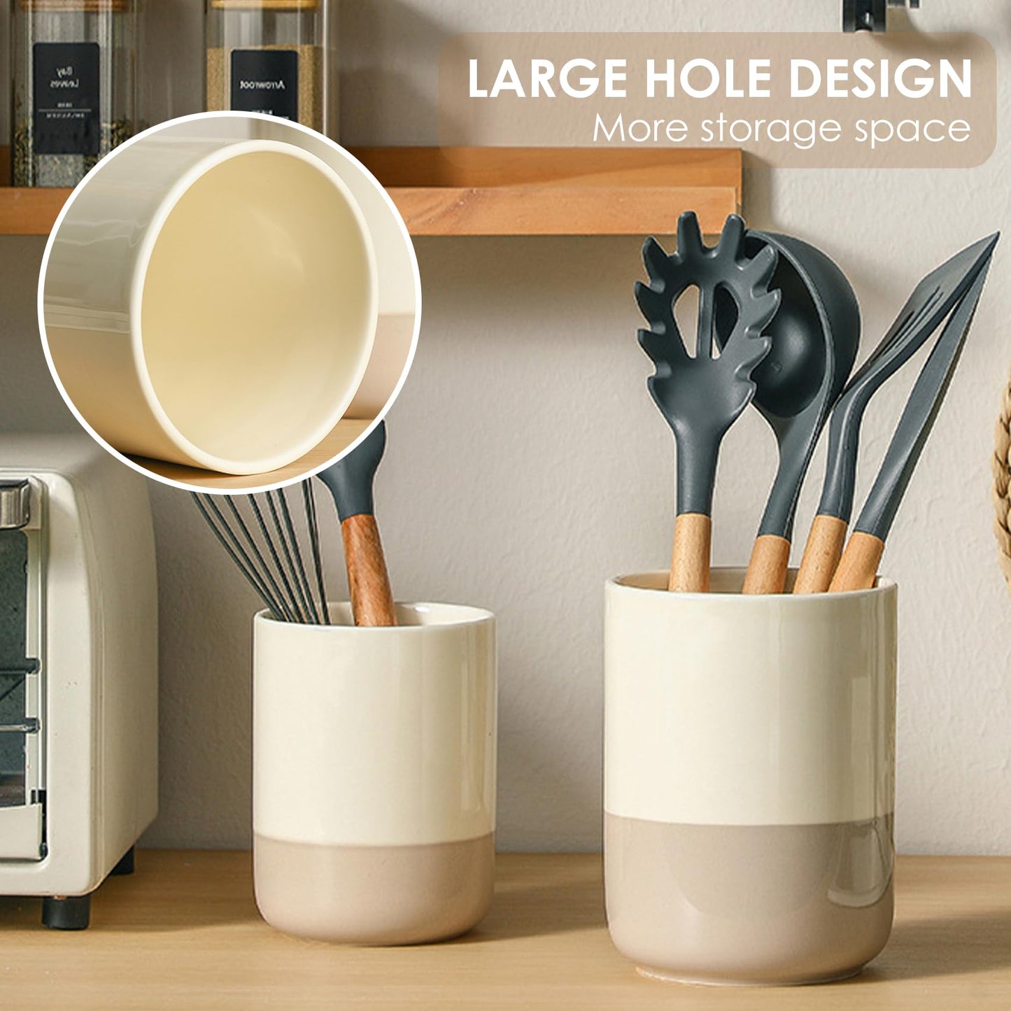 CLAYORA Ceramic Utensil Holder Set, 6.3''+5.3'' Cooking Utensil Crocks for Kitchen Counter, Modern Design Cooking Tool Organizer Set of 2, 800ml+1300ml Ideal for Spatula, Cutlery, Makeup, Flower Vase