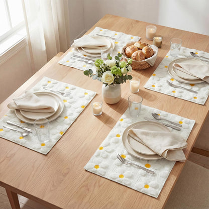 Artoid Mode White Daisy Embroidery Spring Placemats Set of 4, 12x18 Inch Soft Plush Faux Fur Wool Holiday Table Mats for Party Kitchen Dining Decoration
