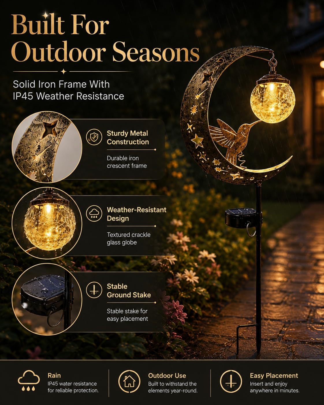 MJTLCZF Hummingbird Moon Solar Garden Stake Light,Half and Half Moon Ball LED Pathway Decor Crackle Hanging Glass Globe Ball Metal Crescent for Outside Yard Patio Lawn Pathway Outdoor Decor(2PCS)