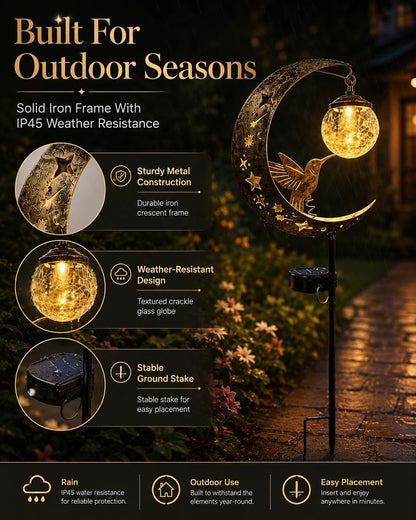 MJTLCZF Hummingbird Moon Solar Garden Stake Light,Half and Half Moon Ball LED Pathway Decor Crackle Hanging Glass Globe Ball Metal Crescent for Outside Yard Patio Lawn Pathway Outdoor Decor(2PCS)