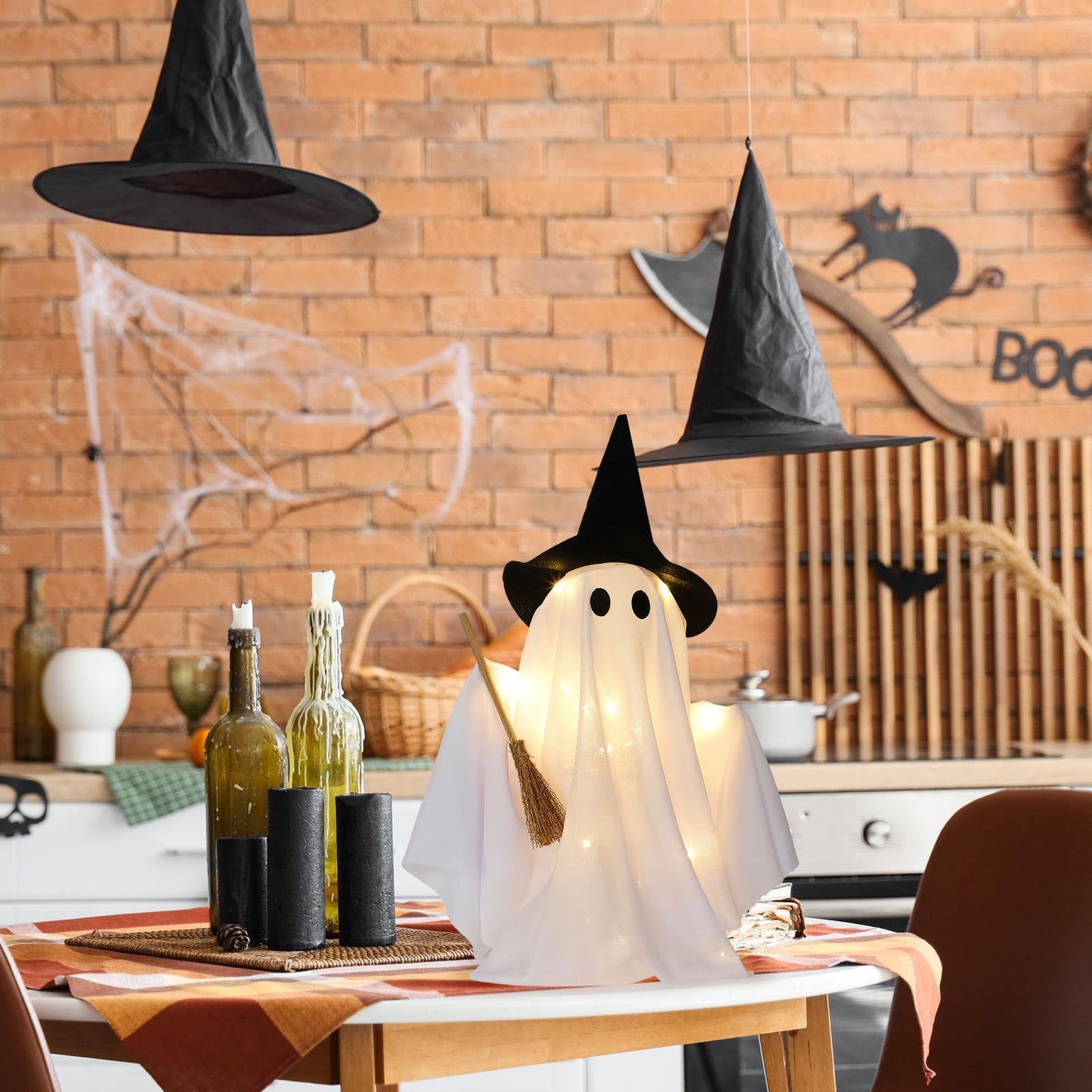 Leinuosen Light Up Disco Ghosts Halloween Decorations Indoor Spooky Ghosts with String Lights Witch Hats Broom Halloween Table Decor for Home Party Table Mantel Room Kitchen Haunted House (Fabric)
