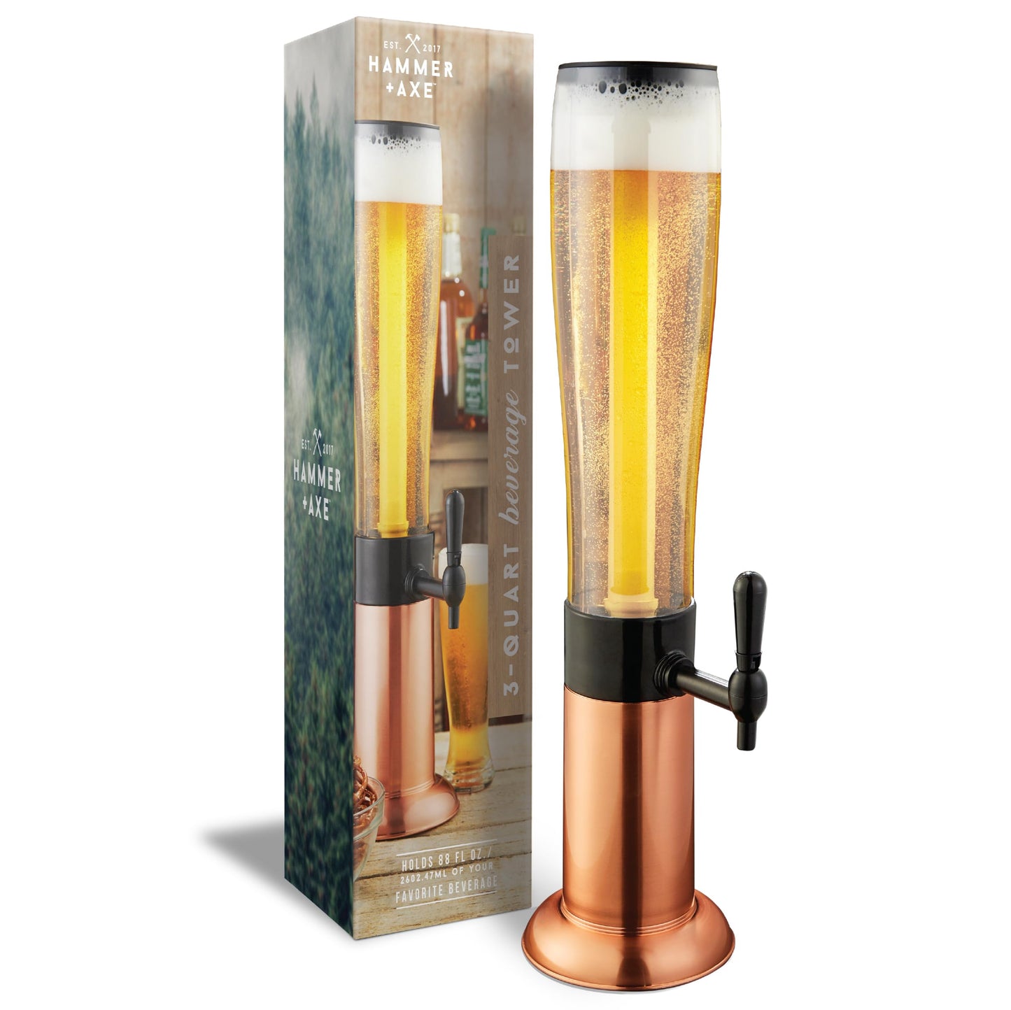 Hammer + Axe Beverage Dispenser – 88 oz Party Drink Dispenser with Ice Tube & Tap| Drink Fountain for Beer, Water, Iced Tea| Mimosa Tower| Margarita Tower| BBQ & Tailgate Essential| Home Bar Accessory