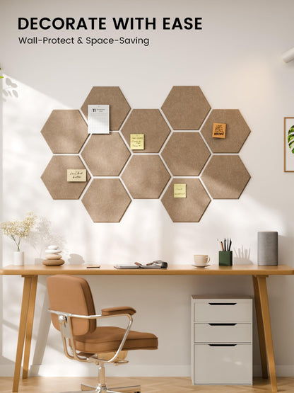 Fluxynara Hexagon Cork Board Alternative for Walls Decor-12-Pack Felt Bulletin Board Tiles,with 30 Pushpins,70 Adhesive Tabs for Office,Classrooms & Home Pin Board Felt Board-Taupe