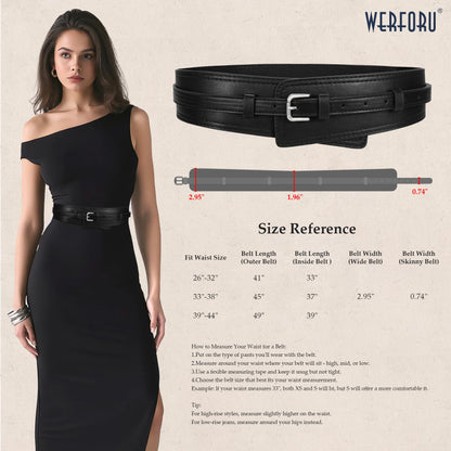 WERFORU Women Wide Waist Belts for Dress Women Fashion Wide Leather Belt 2-in-1 Waistband with Thin Belts for Dress, B-Black-silver buckle, Fit Waist Size 39"-44"