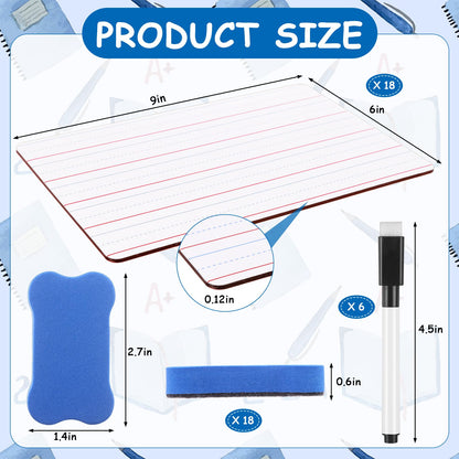 18 Pack Dry Erase Lapboards with Lines 6 x 9 inch Double Sided White Boards with 18 Black Markers 6 Erasers Small White Dry Erase Boards for Students Teacher Classroom Supplies