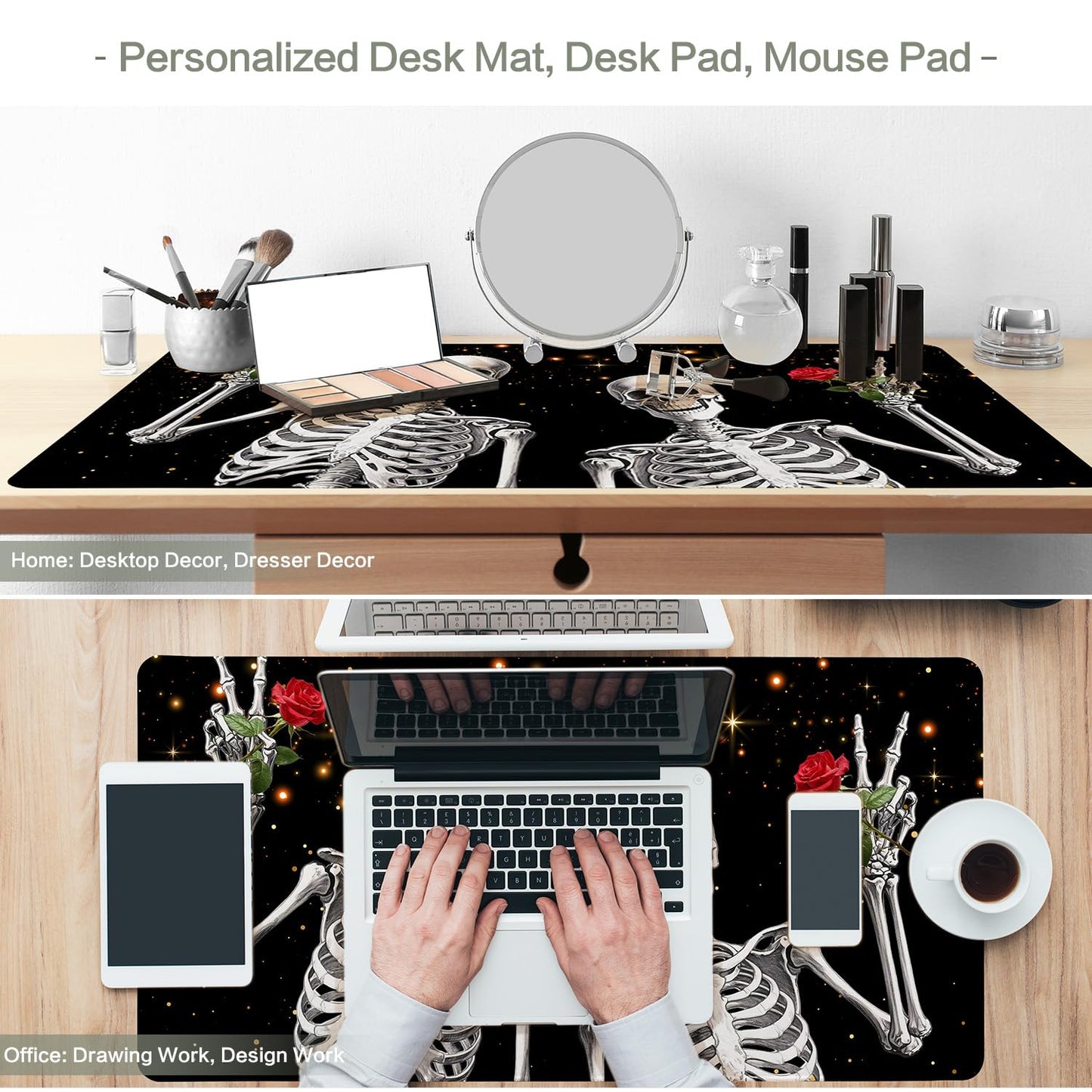 Love, Roses and Skulls Mouse Pad Desk Mat, Waterproof Black XXL Extended Large Gaming Mouse Pad Halloween Skull Rose Desk Pad Mousepad XXL Extended Keyboard Mat Mouse Mat, 31.5 x 15.7 in