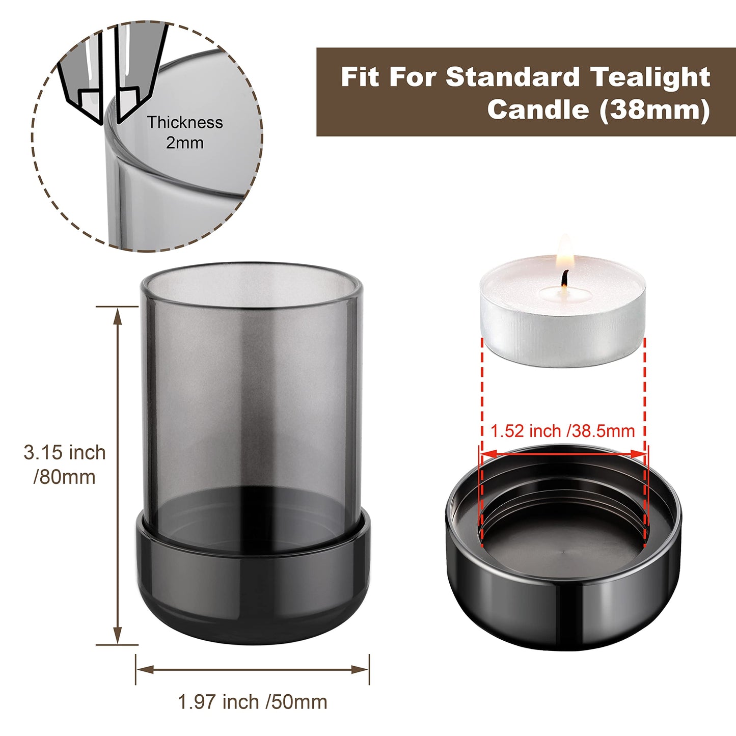 Faveaux Tealight Candle Holder Black Tea Candle Holder Cylinder Glass for Standard Tea Light Birthday Party Table DIY Decor Pack of 4, Black Nickel Base+Black Glass
