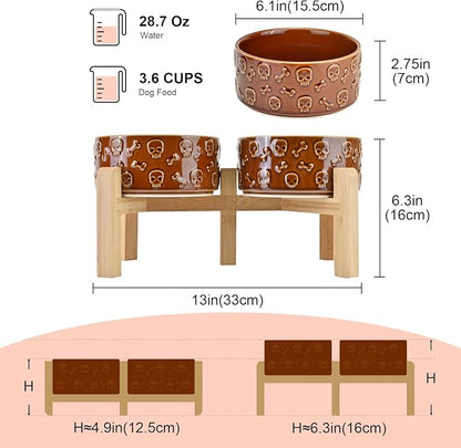 SPUNKYJUNKY Elevated Dog Bowls Ceramic, 6.1'' Dogs and Cat Food Water Bowls Raised with Non-Slip Bamboo Stand for Medium Sized Breed Microwave Dishwasher Safe - 28.7 OZ,Skull Bronze