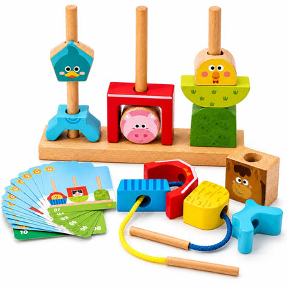 hahaland Montessori Toys for 1 2 3 Year Old, Wooden Farm Stacking & Sorting Toy with Lacing Beads, Shape Cards & Brain Blocks, Toddler Puzzle Activity, Learning Gift for Boys Girls 12 Month+