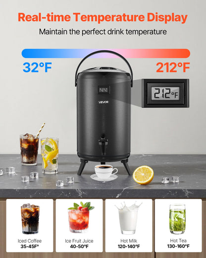 VEVOR Insulated Beverage Dispenser, 3.2 Gal/12L Stainless Steel Thermal Drink Server with Spigot & Temp Display, Suitable for Hot and Cold Drinks, for Tea Coffee Water in Cafes & Restaurants, Black