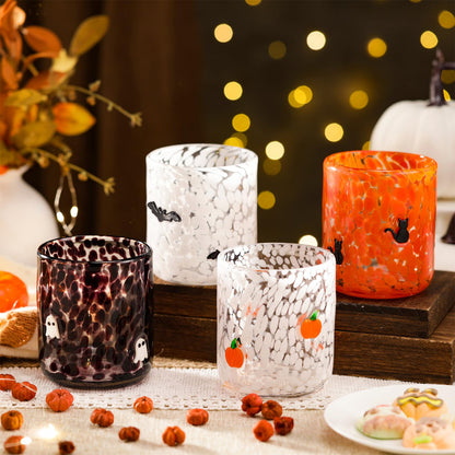 Skylety 4 Pcs Halloween Icon Glass Cups - 16 oz Pumpkin, Ghost, Bat, Cat Icon Juice Glasses Double Old Fashioned Drinking Cups - Ideal for Halloween Party Decoration, Friends Lovely Gifts
